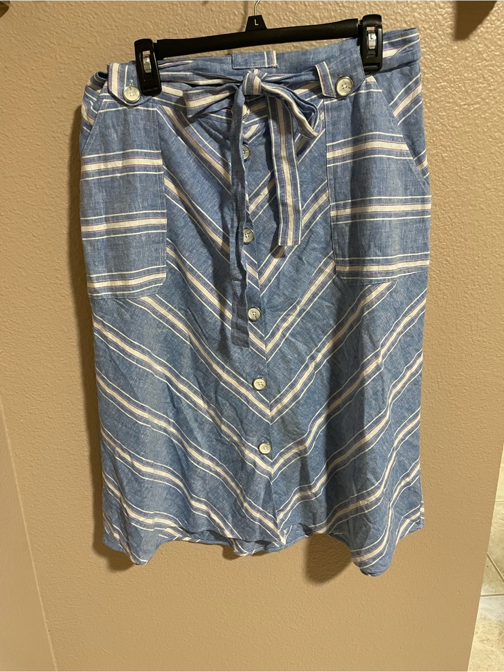 Laundry By Shelli Segal Blue and White Striped Midi Skirt with Tie Waist